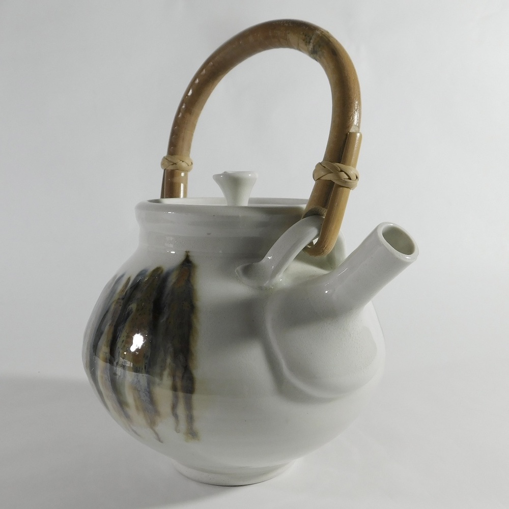 Studio Pottery Bamboo Handle RaKu Stoneware Teapot Signed